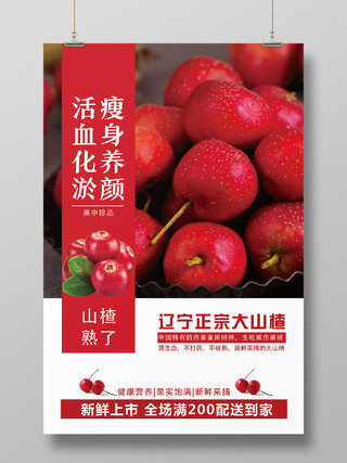 红色简约瘦身养颜活血化瘀山楂秋天水果海报